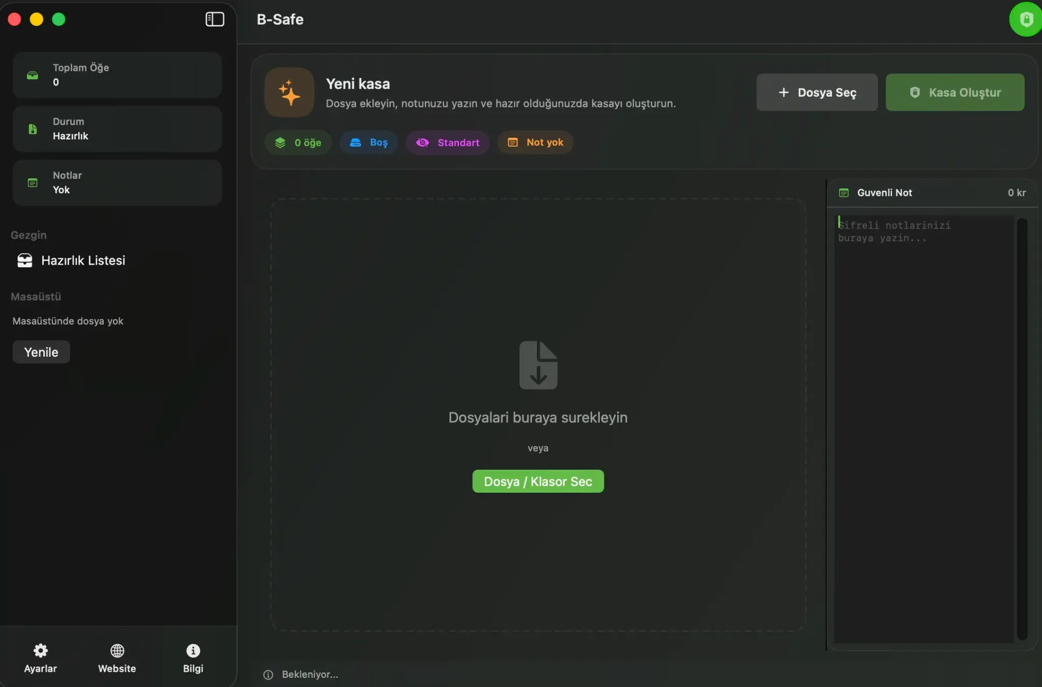 B Safe ana ekranı ve yeni kasa oluşturma alanı