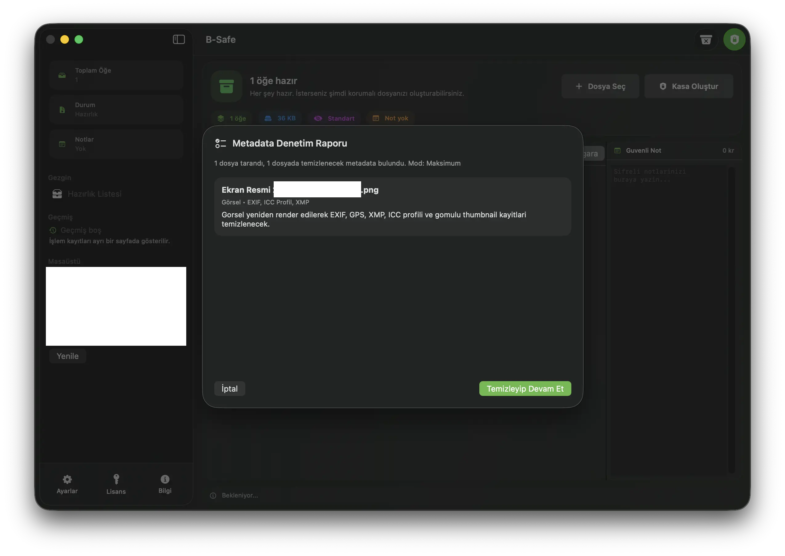 B-Safe metadata denetim raporu ekranı