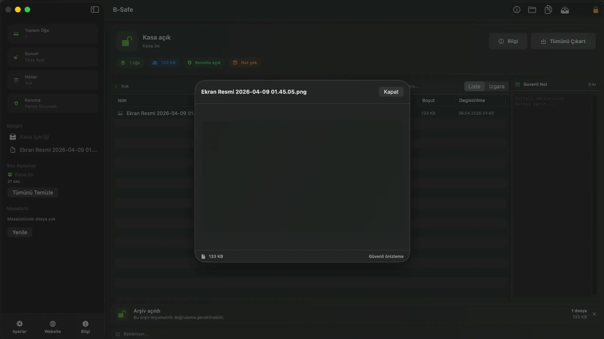 B Safe güvenli önizleme ekranı